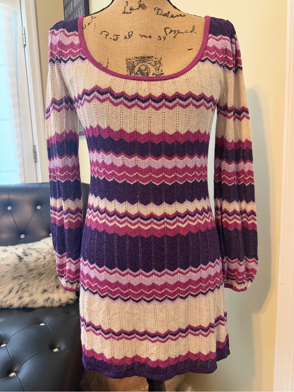 bebe Purple, Pink & Cream Striped Knit Dress